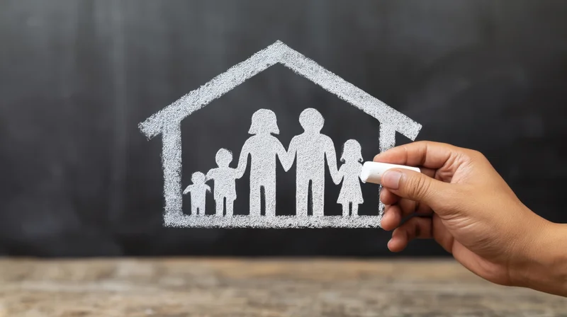 Hand drawing a family inside a house with white chalk on a blackboard