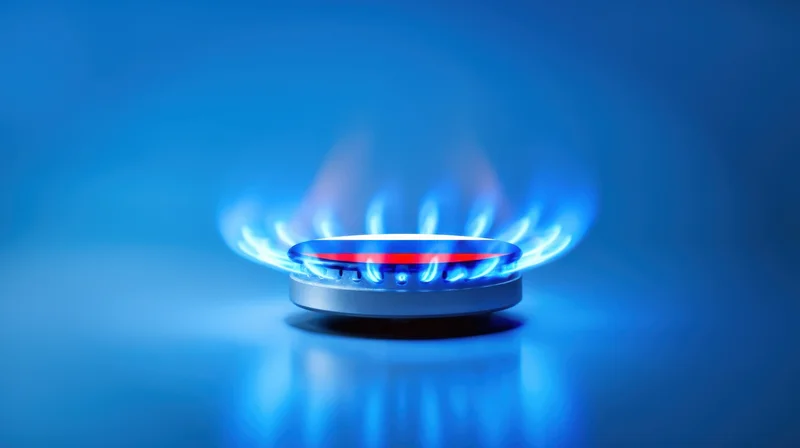 Gas burner with blue flame ignited on a reflective surface