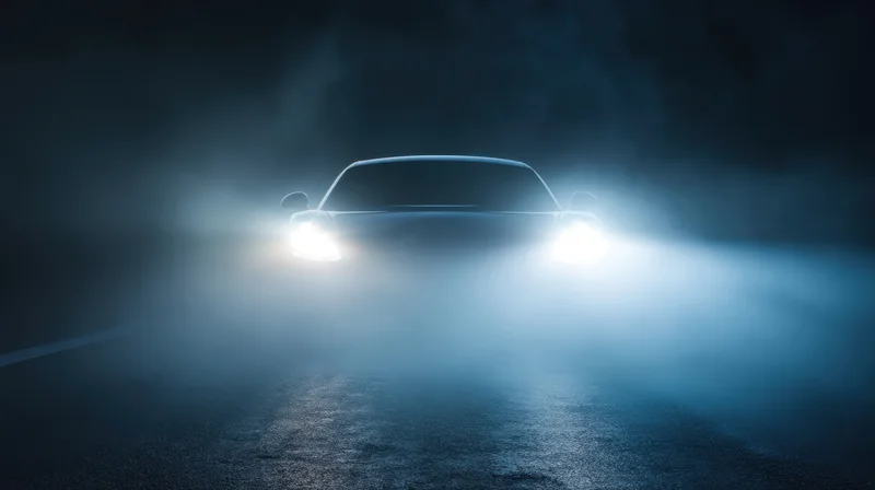 Car with headlights on driving toward camera on foggy night road