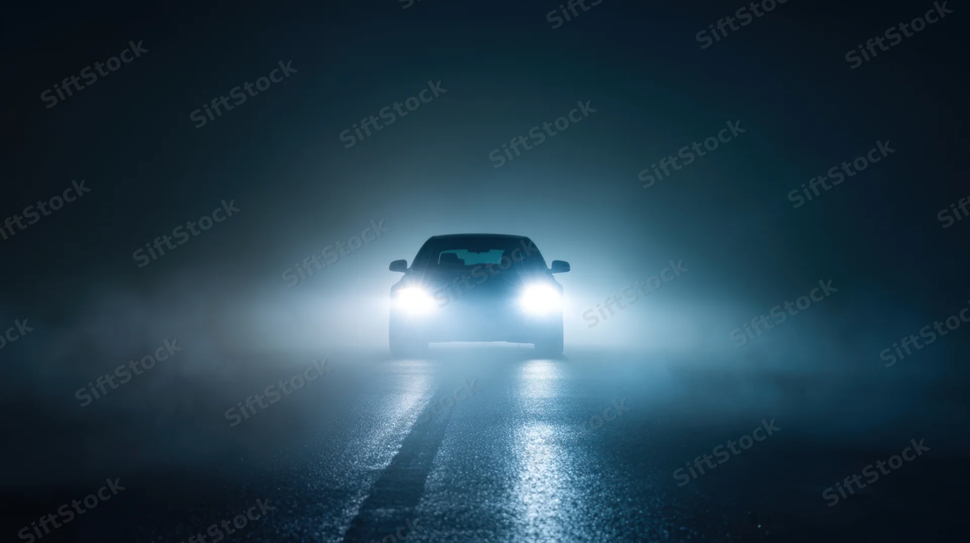 Car with bright headlights driving toward camera on a foggy dark road at night