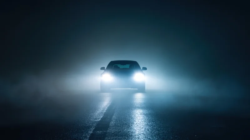 Car with bright headlights driving toward camera on a foggy dark road at night