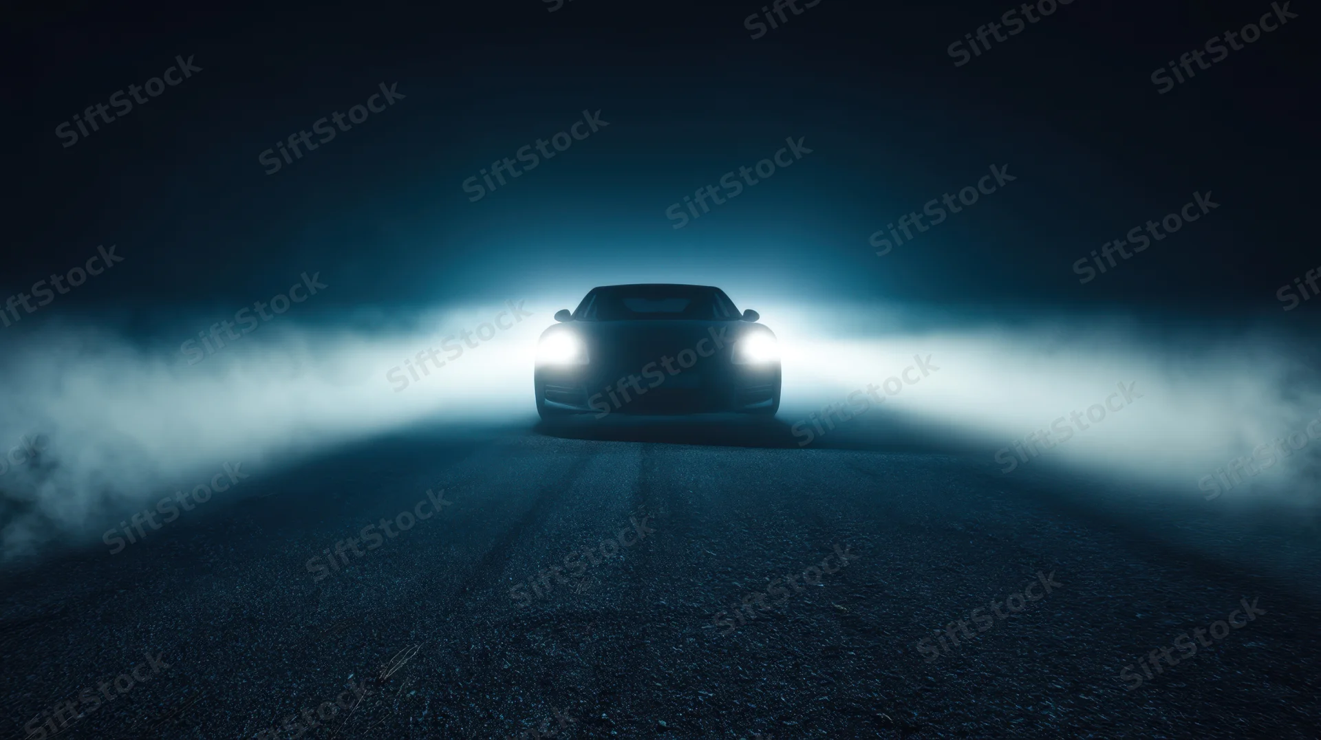 Sportscar with headlights on driving toward camera on foggy dark road at night