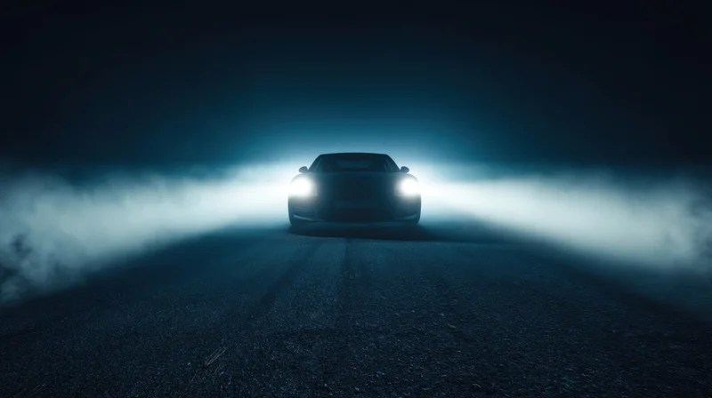 Sportscar with headlights on driving toward camera on foggy dark road at night