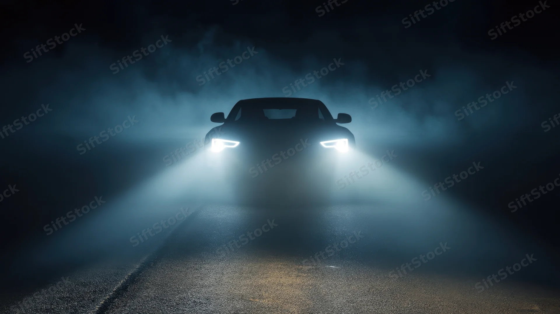 Car with headlights on driving through fog at night on a dark road