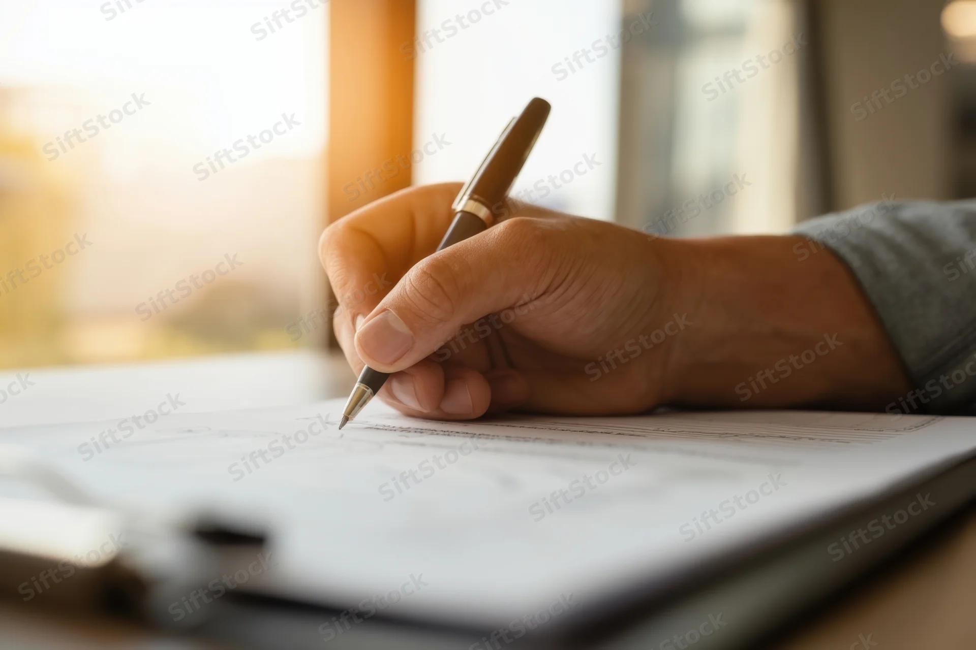 Hand writing with a pen on a document at a desk in an office
