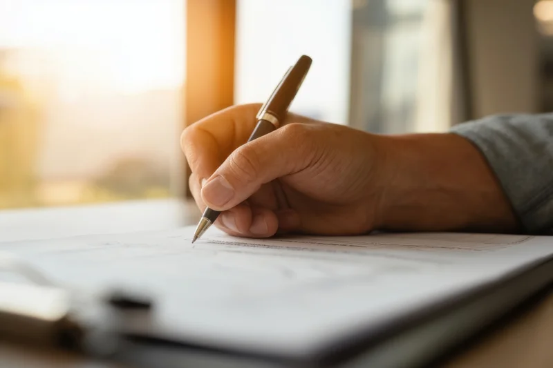 Hand writing with a pen on a document at a desk in an office