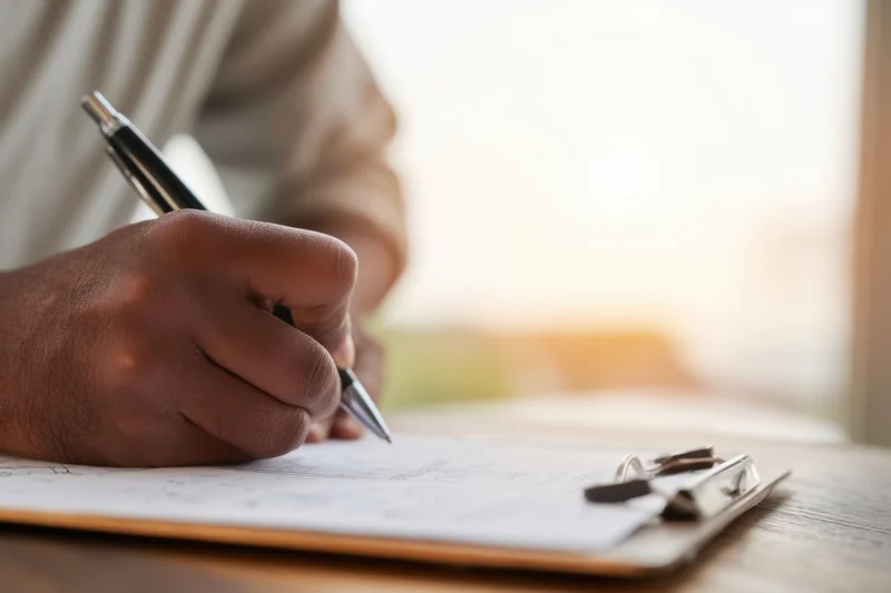 Hand writing on a clipboard with a pen at a desk indoors