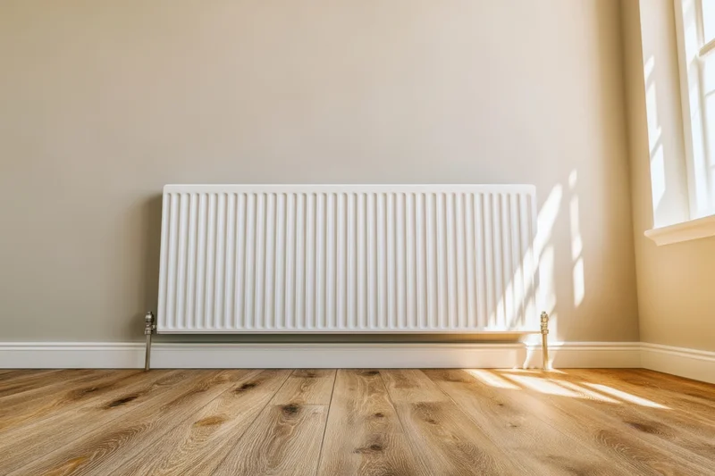 White radiator mounted on beige wall in empty room with wooden floor and sunlight from window