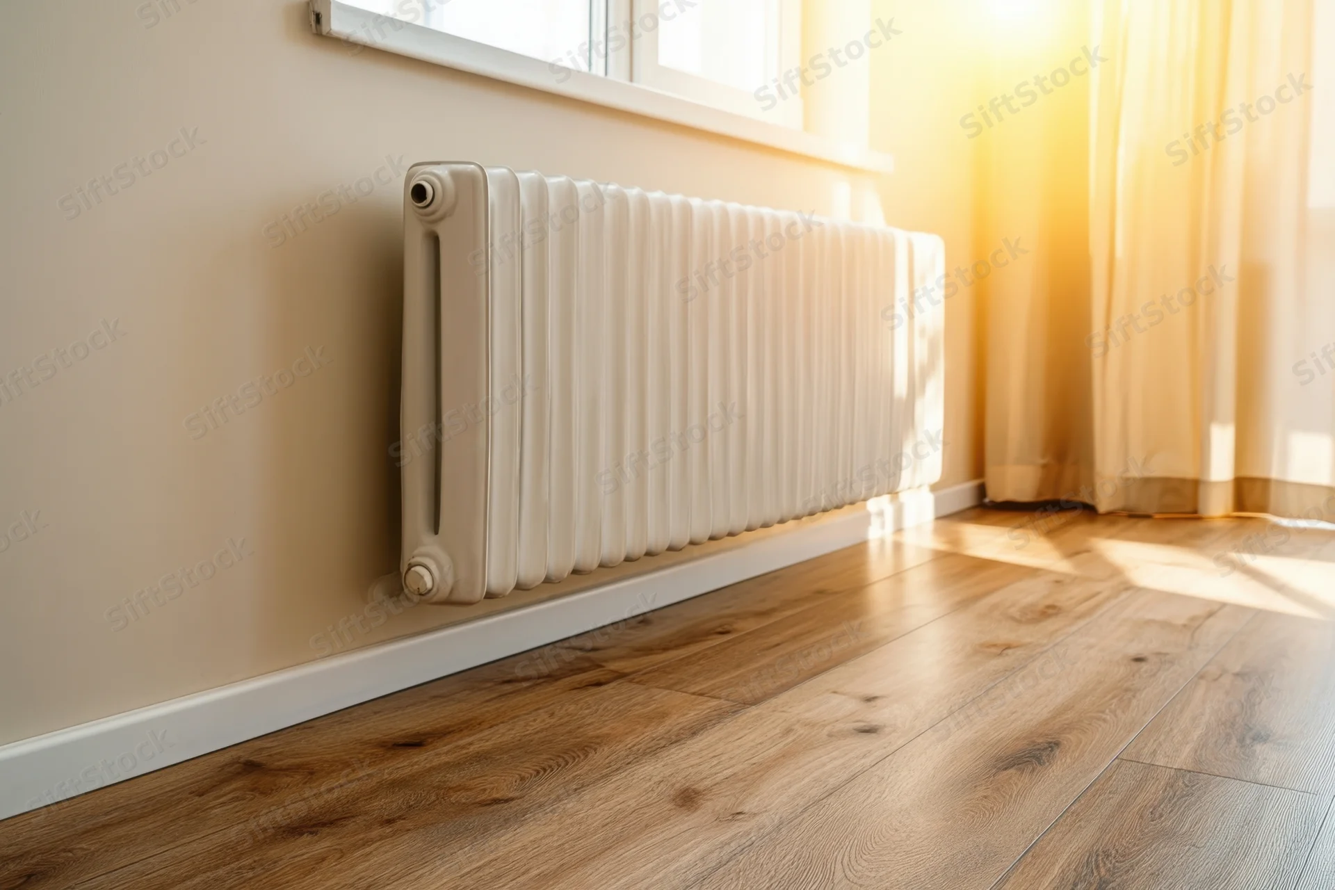 White radiator mounted on beige wall beside window with sunlight streaming onto wooden floor