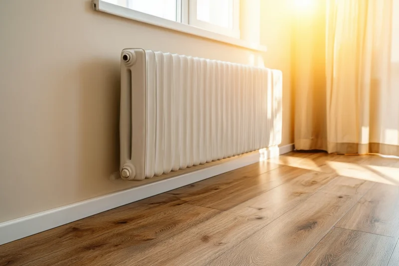 White radiator mounted on beige wall beside window with sunlight streaming onto wooden floor