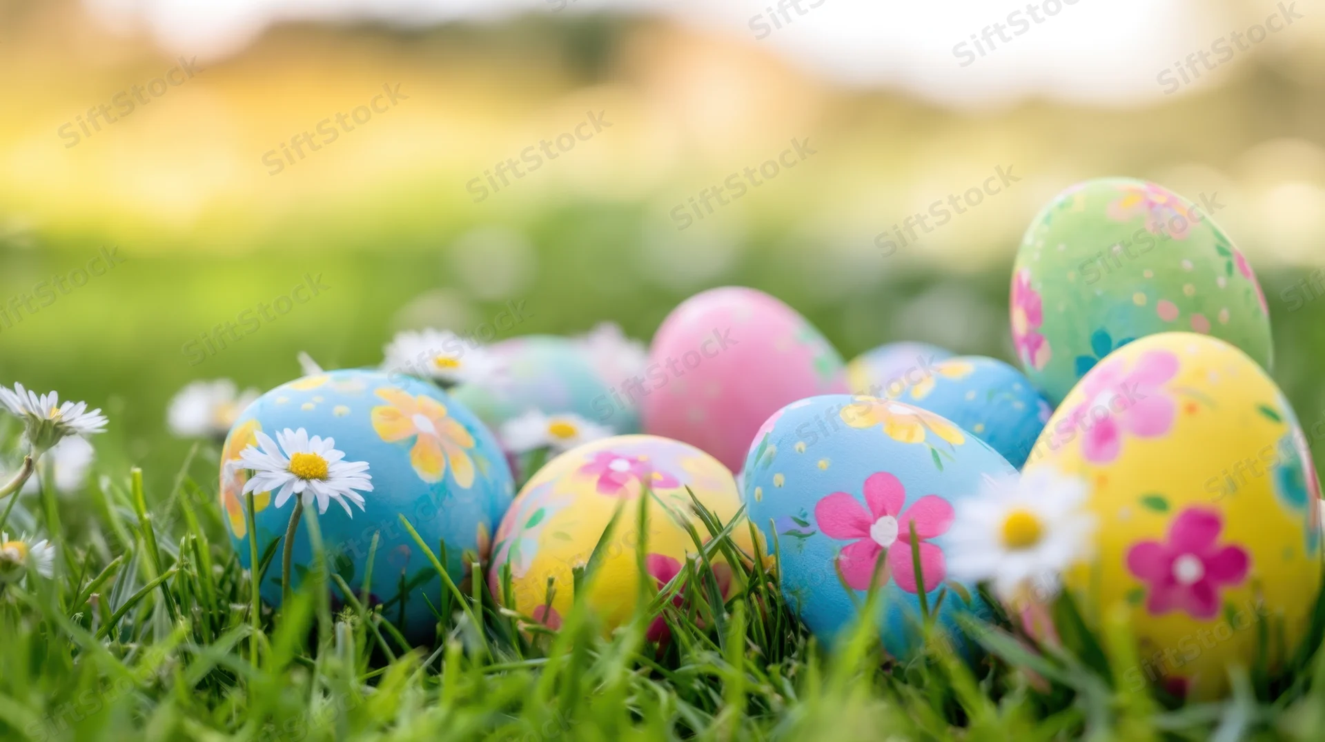 Decorated easter eggs with daisies in green grass during spring celebration