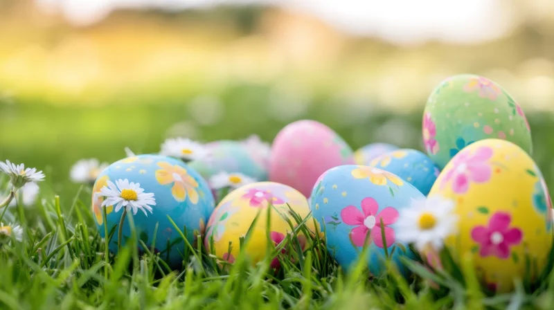 Decorated easter eggs with daisies in green grass during spring celebration