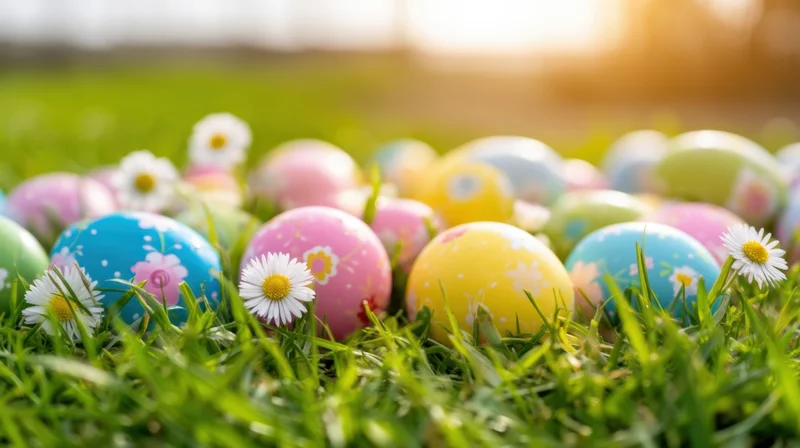 Colorful painted easter eggs with daisies in green grass under sunlight