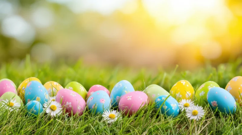 Colorful painted easter eggs arranged in green grass with daisies and soft sunlight in the background