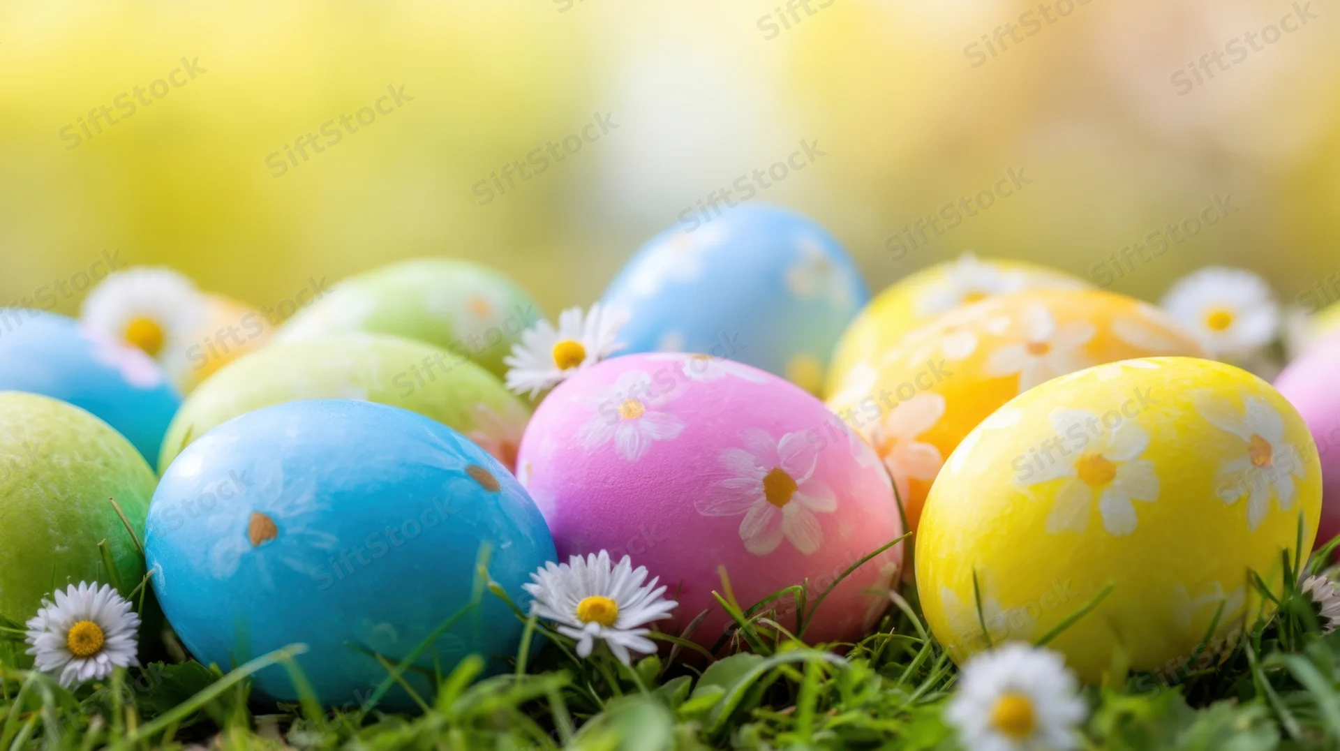 Colorful decorated easter eggs with daisies in green grass