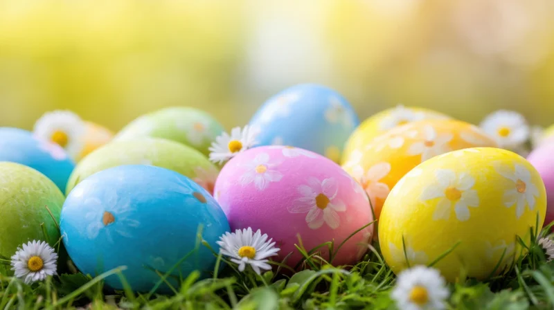 Colorful decorated easter eggs with daisies in green grass