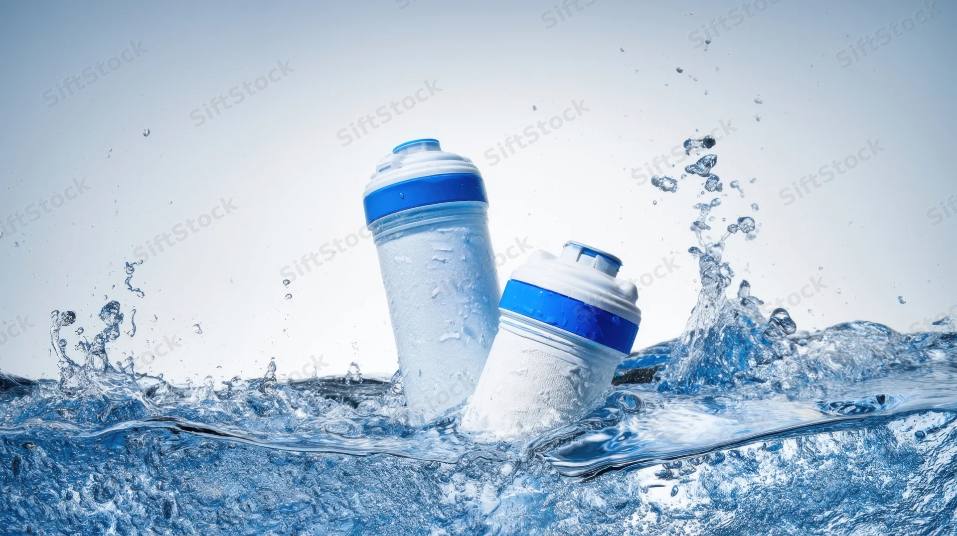 Two plastic water bottles partially submerged in splashing water with droplets and waves around them