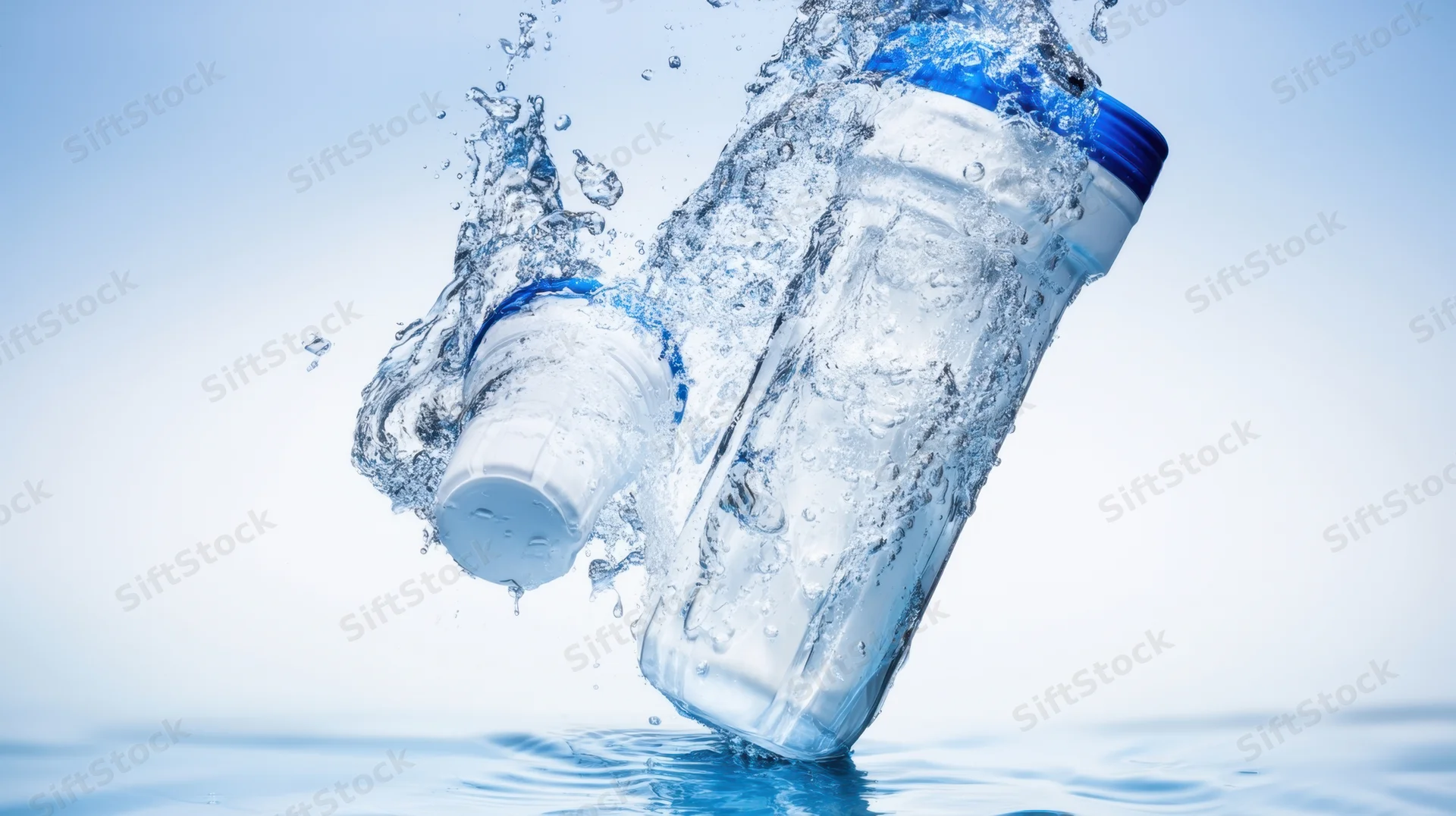 Two plastic water bottles splashing into water against a light blue background