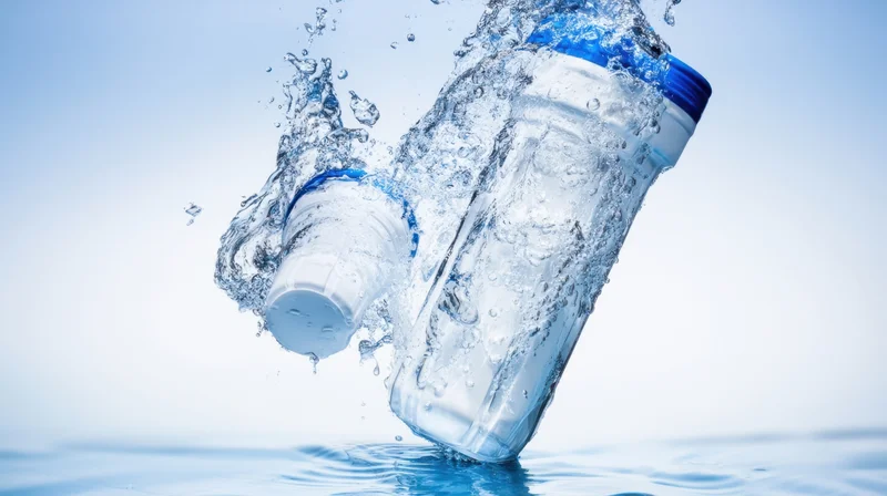 Two plastic water bottles splashing into water against a light blue background
