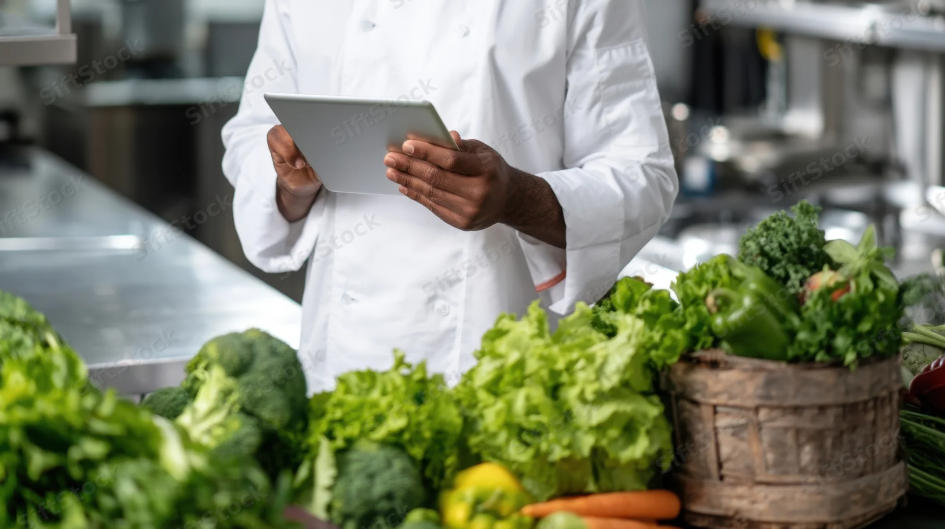 Chef using tablet in kitchen surrounded by fresh vegetables