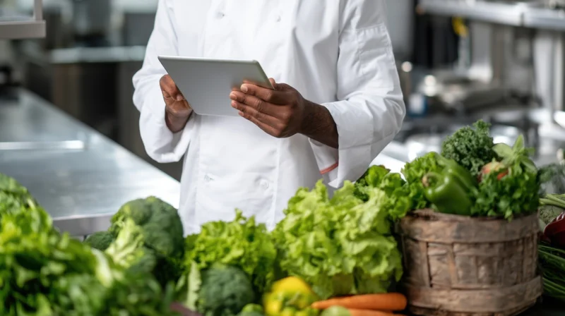 Chef using tablet in kitchen surrounded by fresh vegetables
