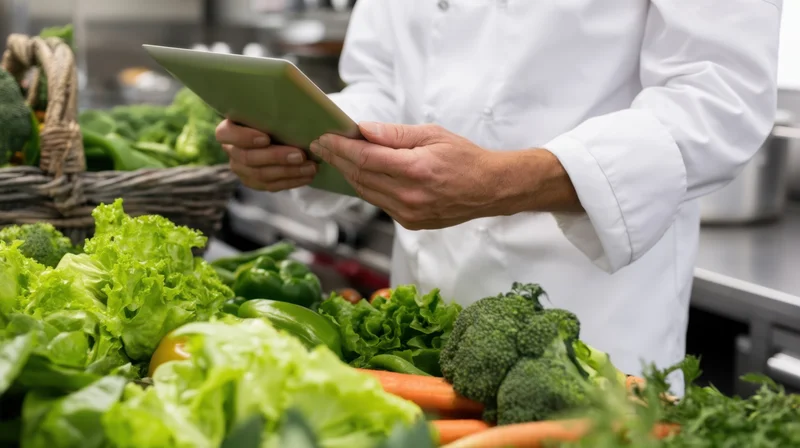Chef using tablet to manage fresh vegetables in kitchen