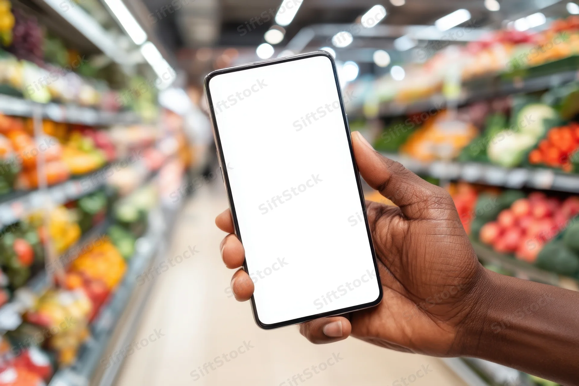 Hand holding smartphone with blank screen in grocery store aisle