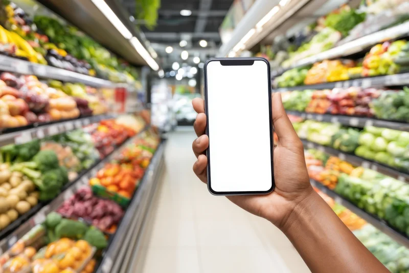 Hand holding smartphone with blank screen in grocery store produce aisle