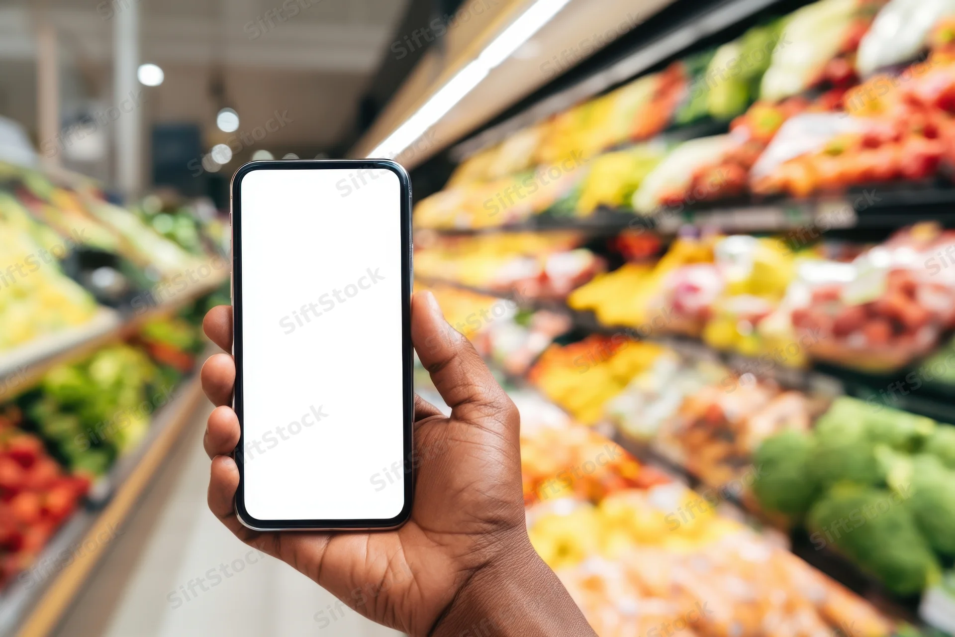 Hand holding smartphone with blank screen in grocery store produce aisle