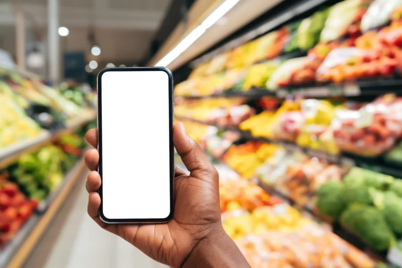 Hand holding smartphone with blank screen in grocery store produce aisle