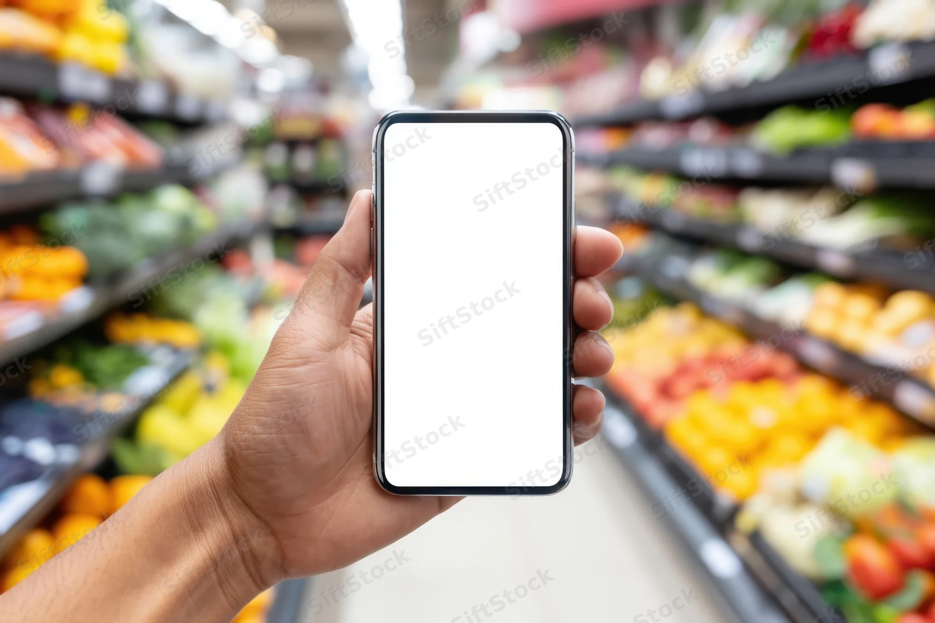 Hand holding smartphone with blank screen in grocery store produce aisle