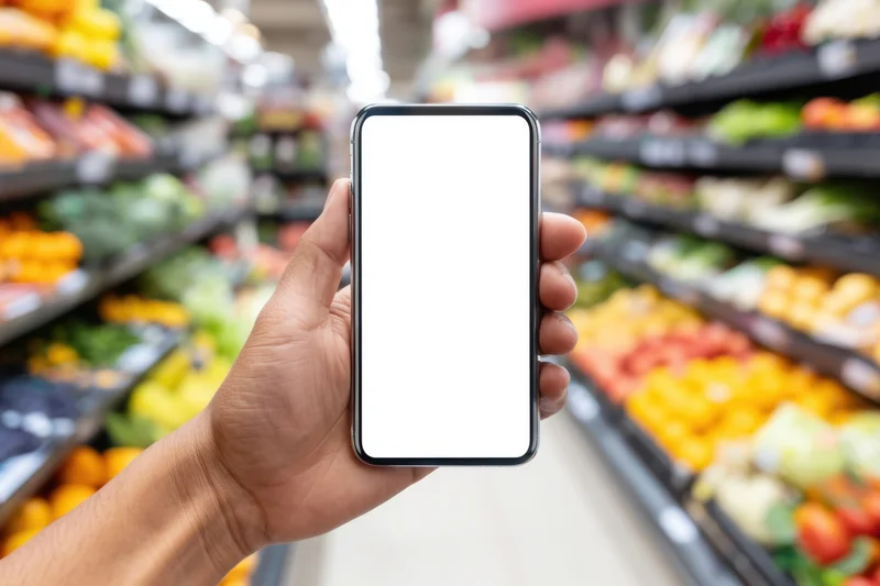 Hand holding smartphone with blank screen in grocery store produce aisle