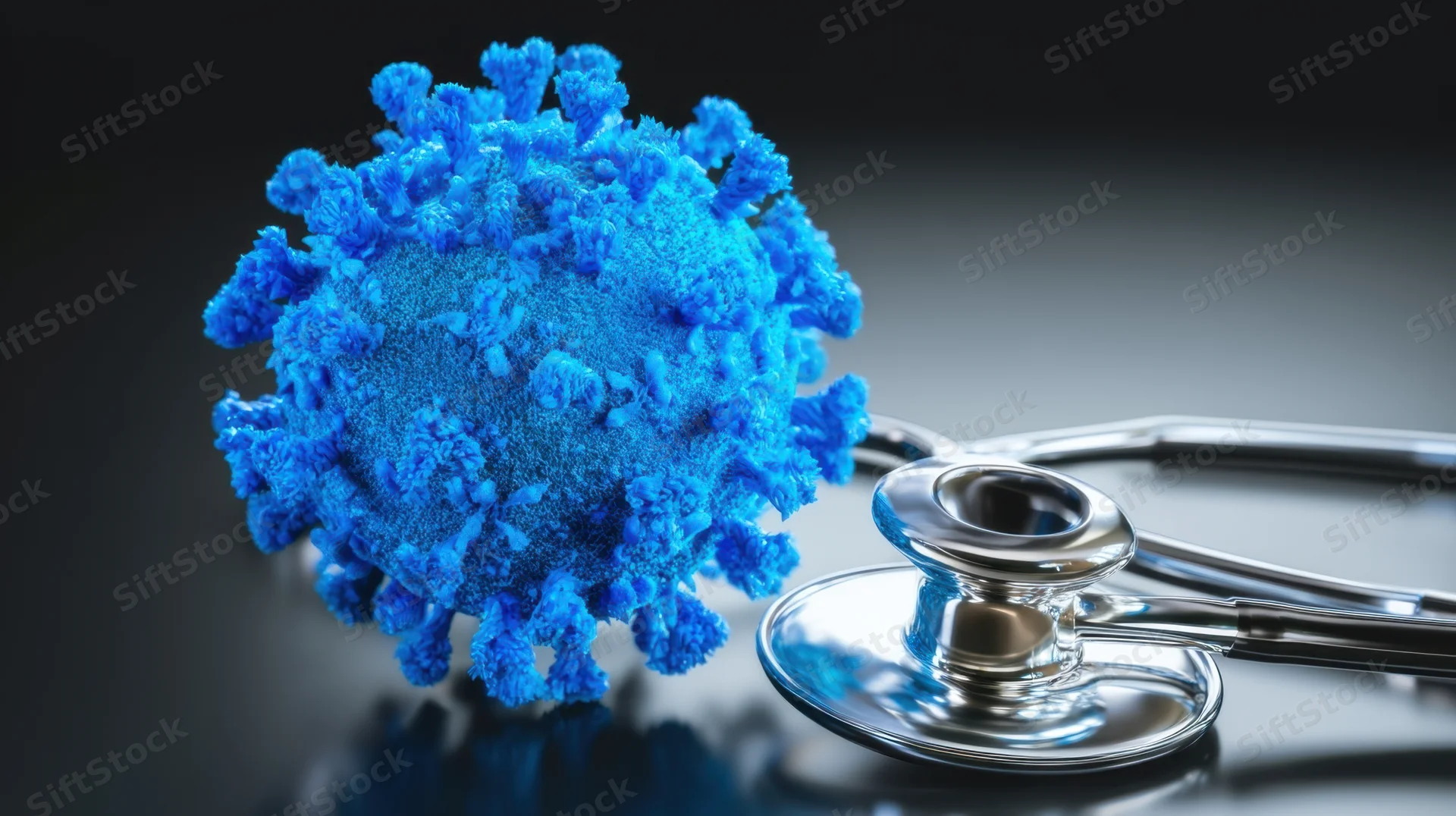 Blue virus model beside a stethoscope on a dark reflective surface