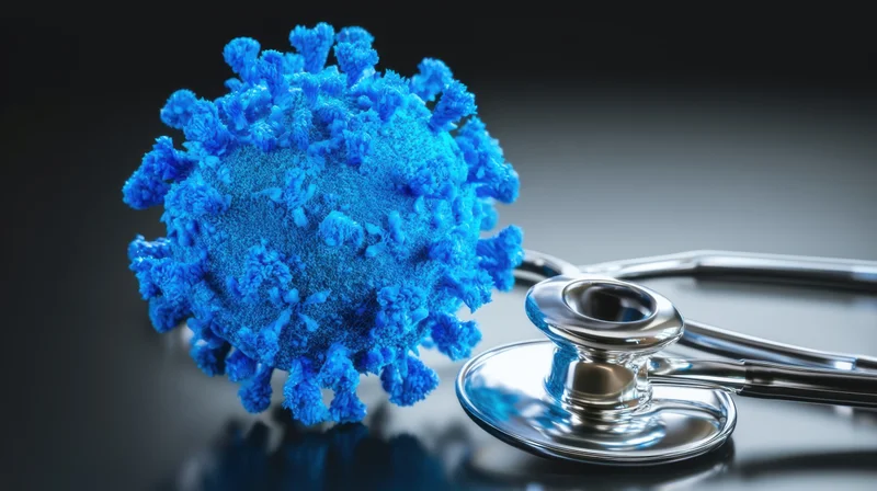 Blue virus model beside a stethoscope on a dark reflective surface
