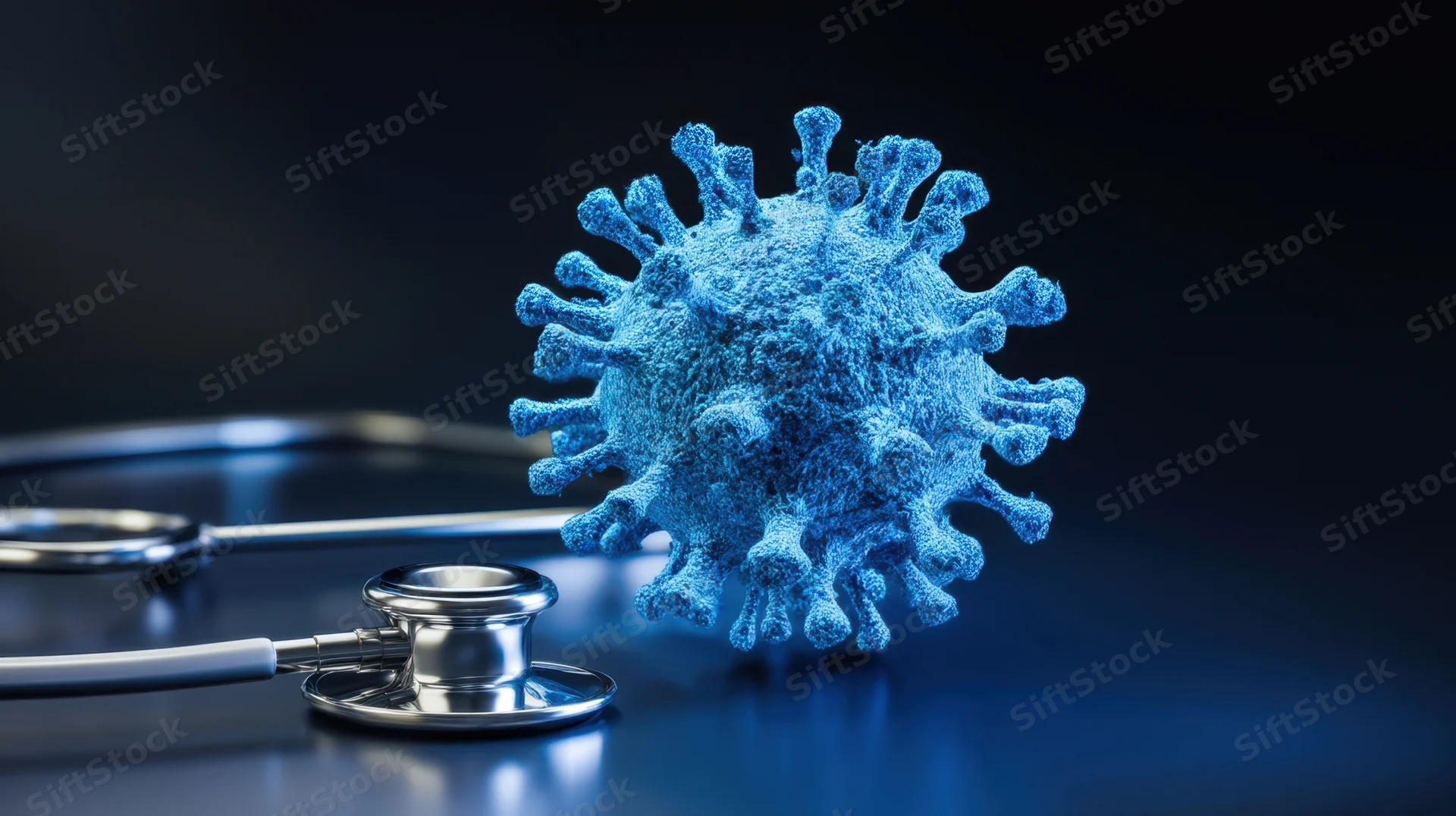 Blue 3d virus model beside a stethoscope on a dark reflective surface