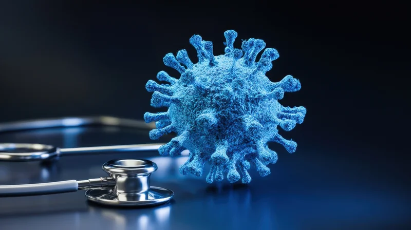 Blue 3d virus model beside a stethoscope on a dark reflective surface
