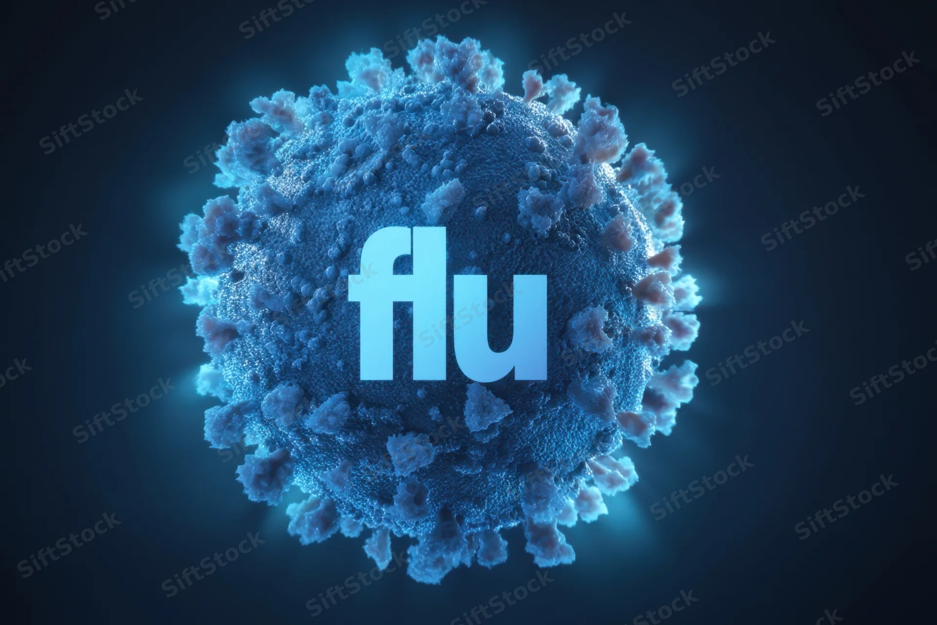 3d render of a flu virus particle with glowing surface and text overlay on dark background