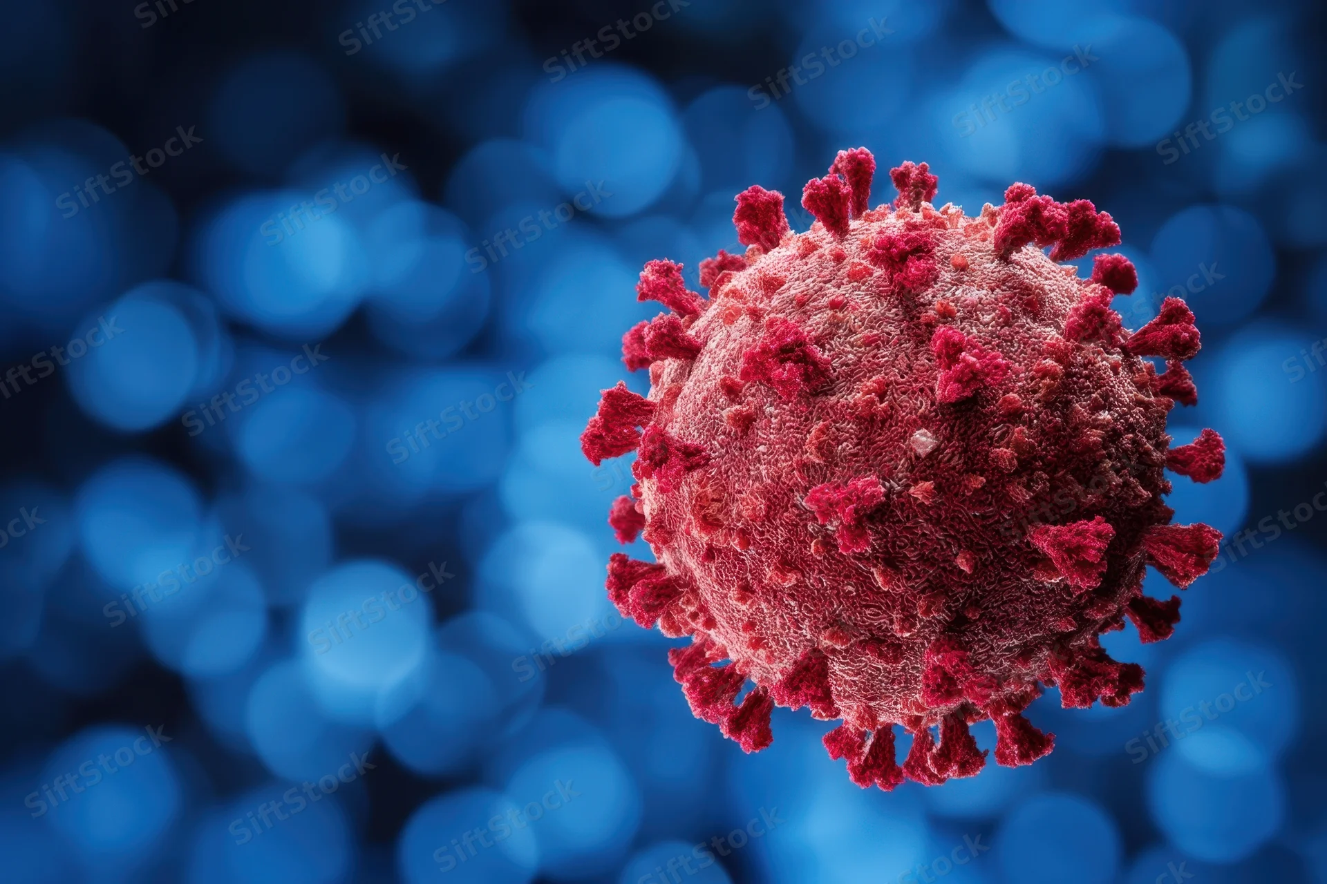 A red coronavirus particle with spiky surface floating against a blue bokeh background