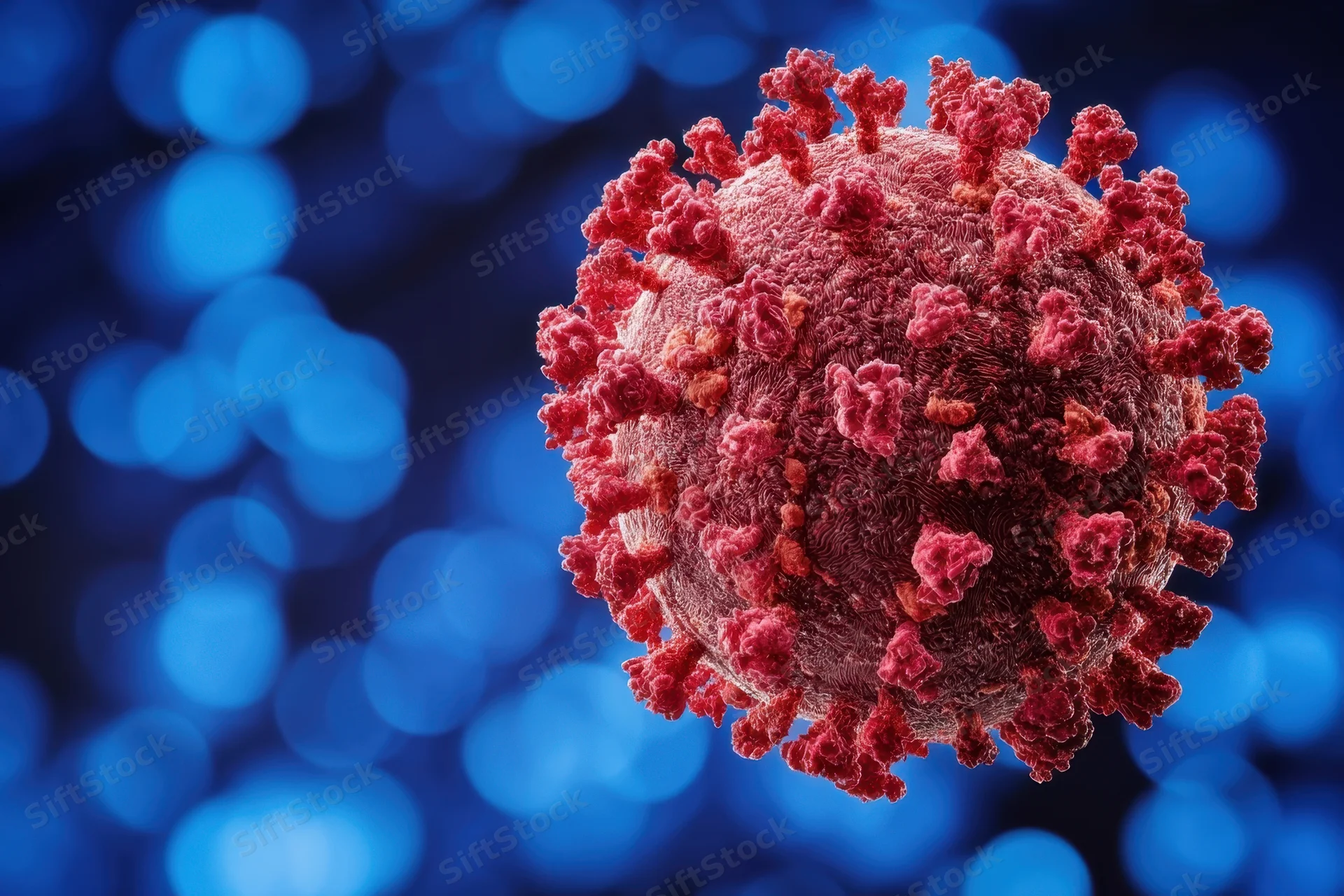 A red coronavirus particle with spike proteins on a blue bokeh background