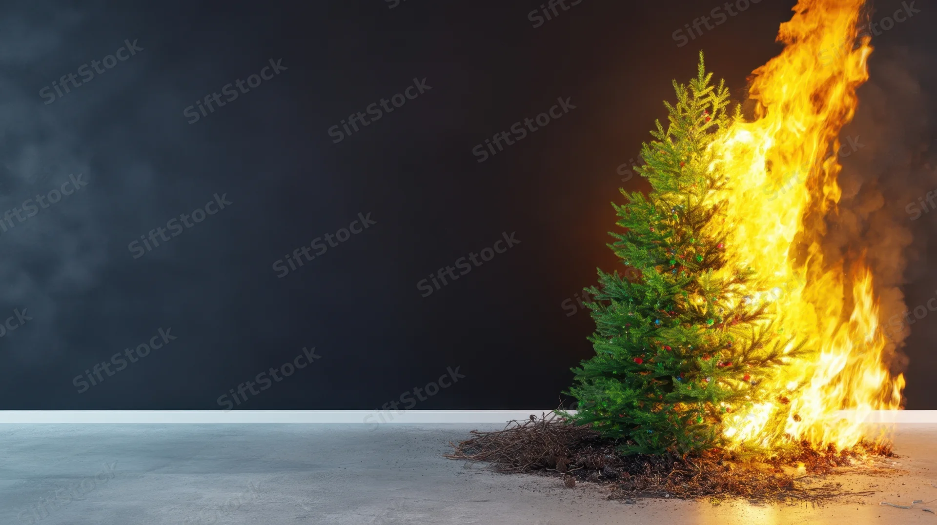 Christmas tree on fire with flames and smoke against dark background