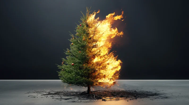 Christmas tree on fire with ornaments and charred roots against dark background
