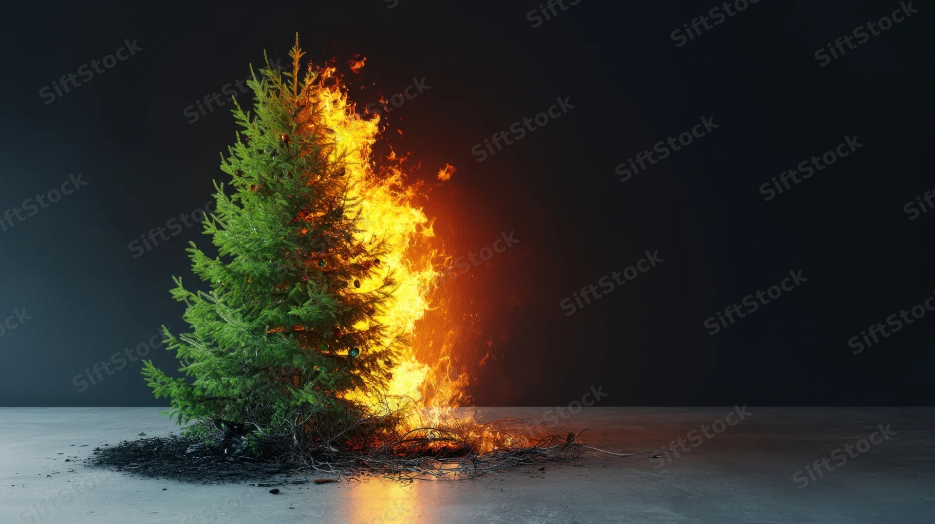 Burning christmas tree on dark background with flames and charred base