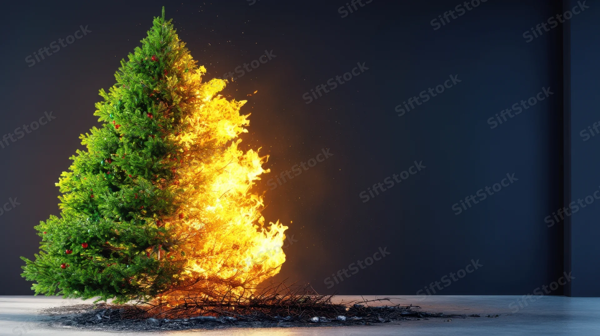 Christmas tree on fire in a dark studio space