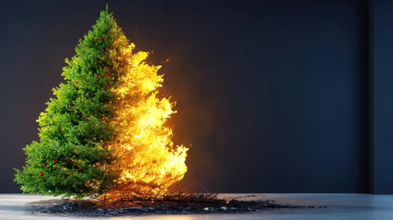 Christmas tree on fire in a dark studio space