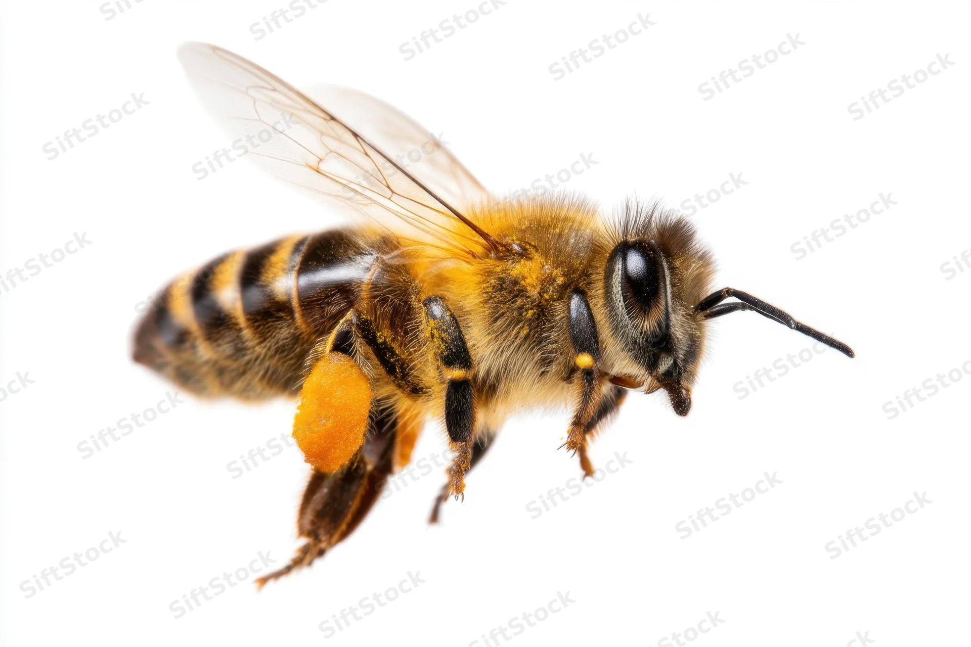 Honeybee in flight with pollen on its leg isolated on white background