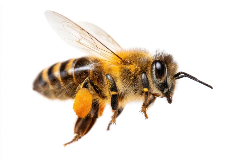 Honeybee in flight with pollen on its leg isolated on white background