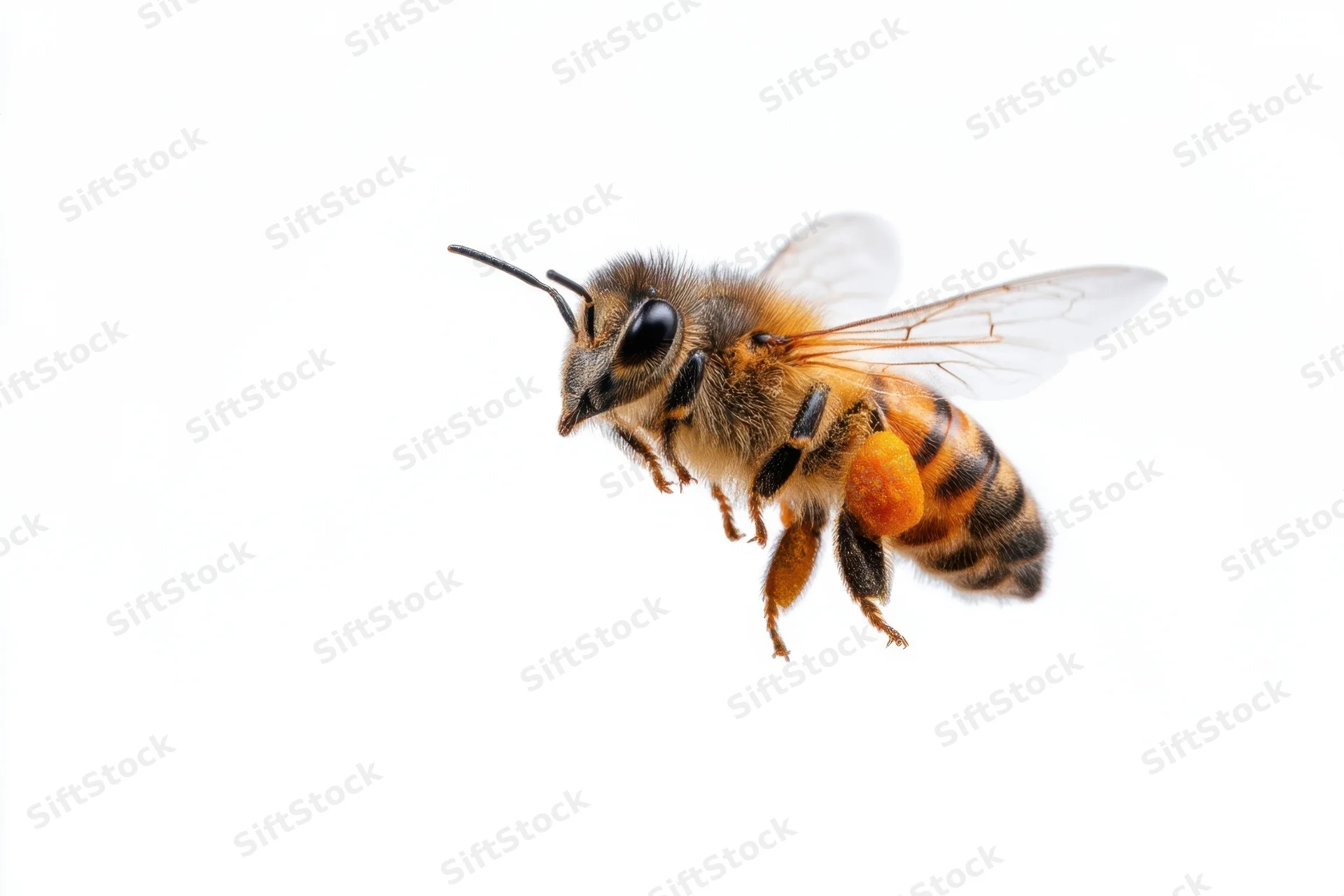 Honeybee in flight with pollen sacs on white background