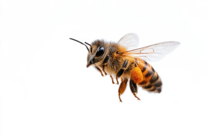 Honeybee in flight with pollen sacs on white background