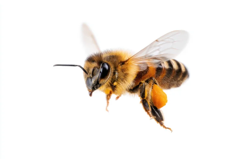 Honeybee in flight with pollen sacs on white background