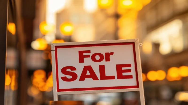 For sale sign in wooden frame on city street at evening with warm bokeh lights in background